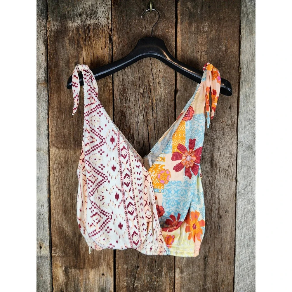 Free People Mixed Print Wrap Crop Top Boho Floral Tie Shoulder Small